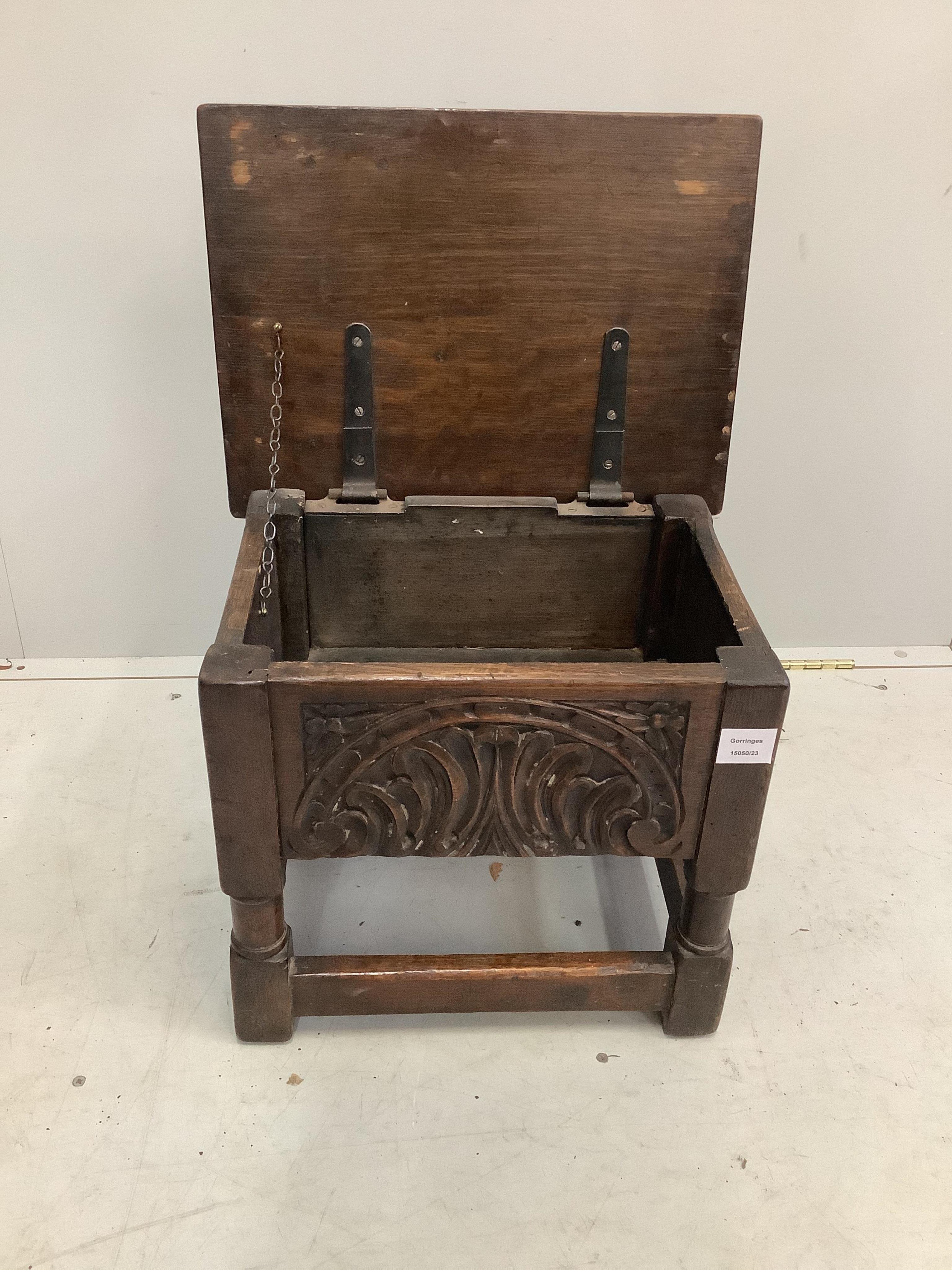 A late 17th century style carved oak box seat stool, width 46cm, depth 34cm, height 40cm. Condition - fair